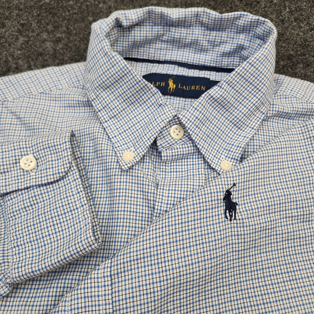 Ralph Lauren Mens Small Blue White Micro Check Plaid Button Down Shirt Pony